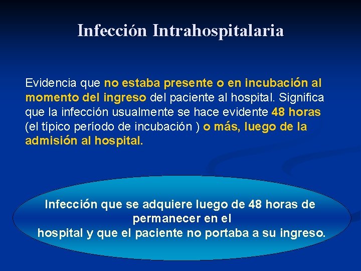 Infección Intrahospitalaria Evidencia que no estaba presente o en incubación al momento del ingreso