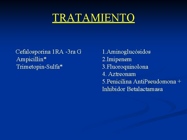 TRATAMIENTO Cefalosporina 1 RA -3 ra G Ampicillin* Trimetopin-Sulfa* 1. Aminoglucósidos 2. Imipenem 3.