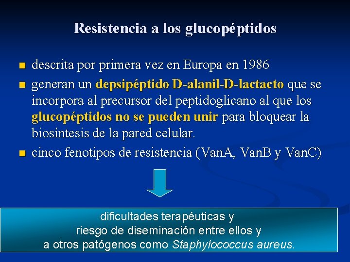 Resistencia a los glucopéptidos n n n descrita por primera vez en Europa en