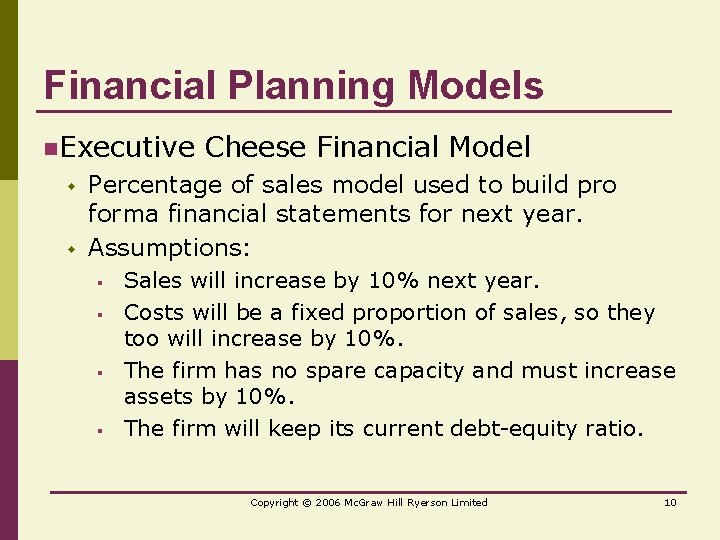 Financial Planning Models n. Executive w w Cheese Financial Model Percentage of sales model