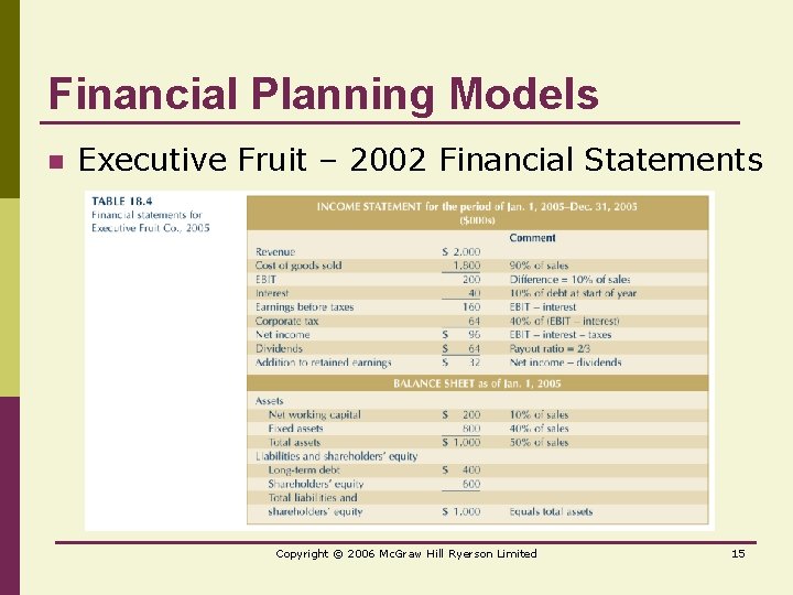Financial Planning Models n Executive Fruit – 2002 Financial Statements Copyright © 2006 Mc.