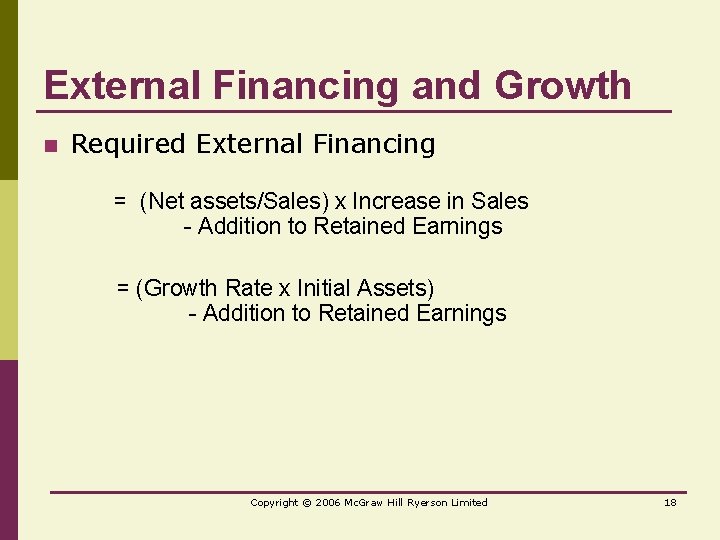 External Financing and Growth n Required External Financing = (Net assets/Sales) x Increase in