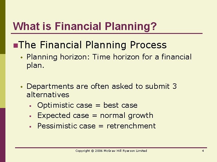 What is Financial Planning? n. The Financial Planning Process w Planning horizon: Time horizon