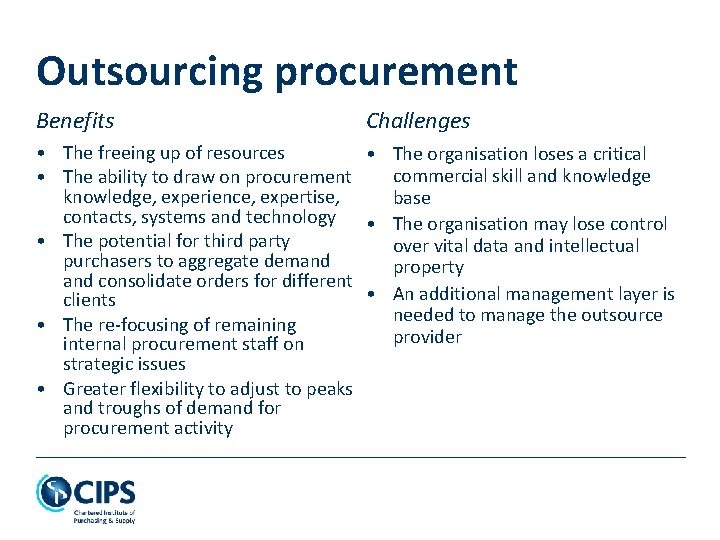 Outsourcing procurement Benefits Challenges • The freeing up of resources • The organisation loses