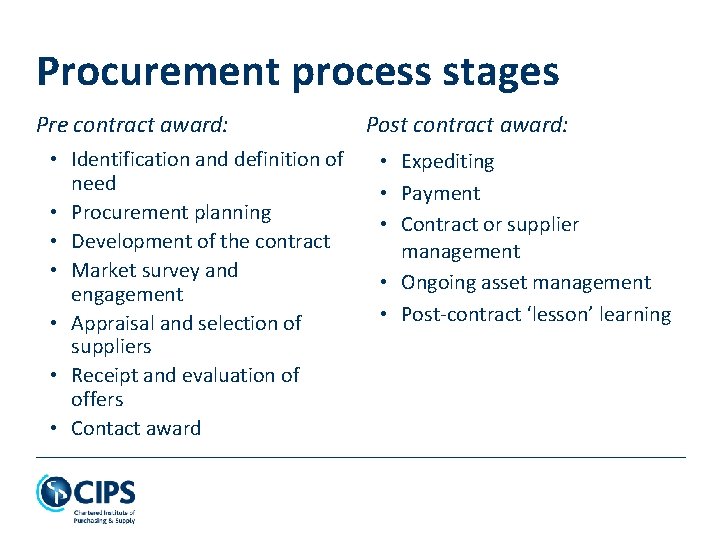 Procurement process stages Pre contract award: • Identification and definition of need • Procurement