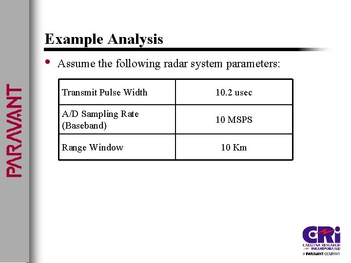 Example Analysis • Assume the following radar system parameters: Transmit Pulse Width 10. 2