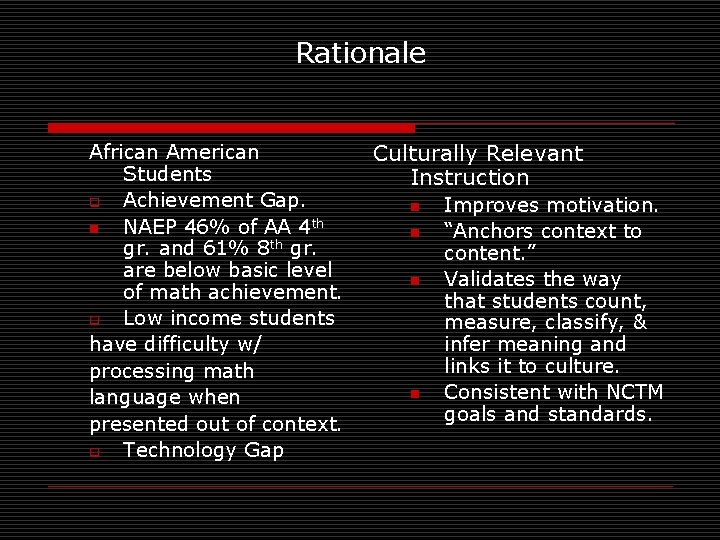 Rationale African American Students q Achievement Gap. n NAEP 46% of AA 4 th