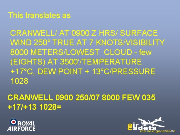 This translates as CRANWELL/ AT 0900 Z HRS/ SURFACE WIND 250° TRUE AT 7