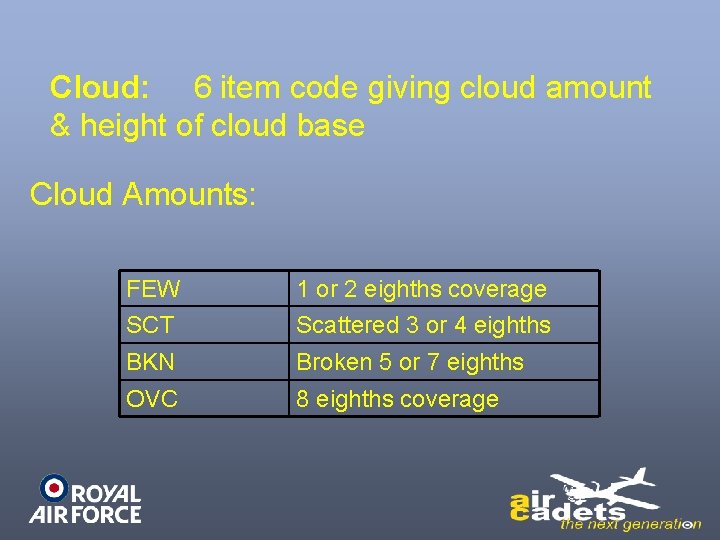Cloud: 6 item code giving cloud amount & height of cloud base Cloud Amounts: