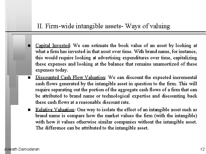 II. Firm-wide intangible assets- Ways of valuing Capital Invested: We can estimate the book