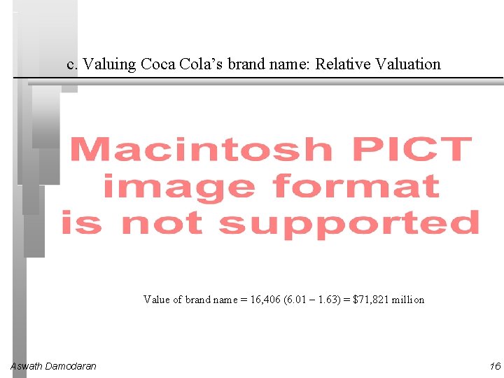 c. Valuing Coca Cola’s brand name: Relative Valuation Value of brand name = 16,