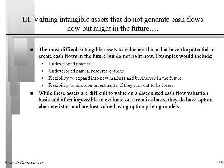 III. Valuing intangible assets that do not generate cash flows now but might in