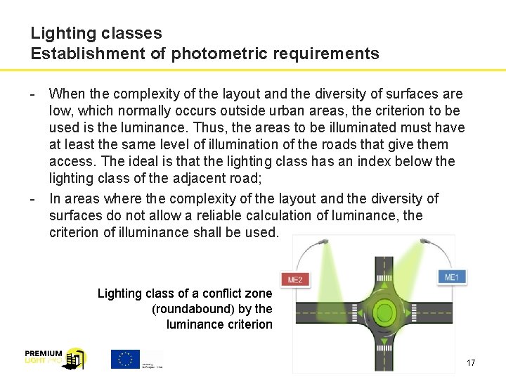 Lighting classes Establishment of photometric requirements - When the complexity of the layout and