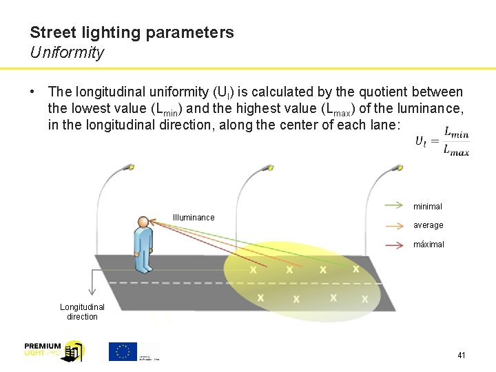 Street lighting parameters Uniformity • The longitudinal uniformity (Ul) is calculated by the quotient