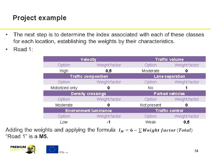 Project example Velocity Option Weight factor High 0, 5 Traffic composition Option Weight factor