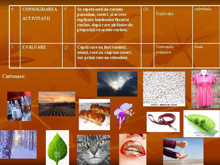 4. CONSOLIDAREA 6’ ACTIVITATII 5. EVALUARE Cartonase: 2’ Se repetă serii de cuvinte paronime,