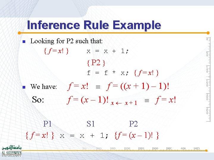 Inference Rule Example n Looking for P 2 such that: { f = x!