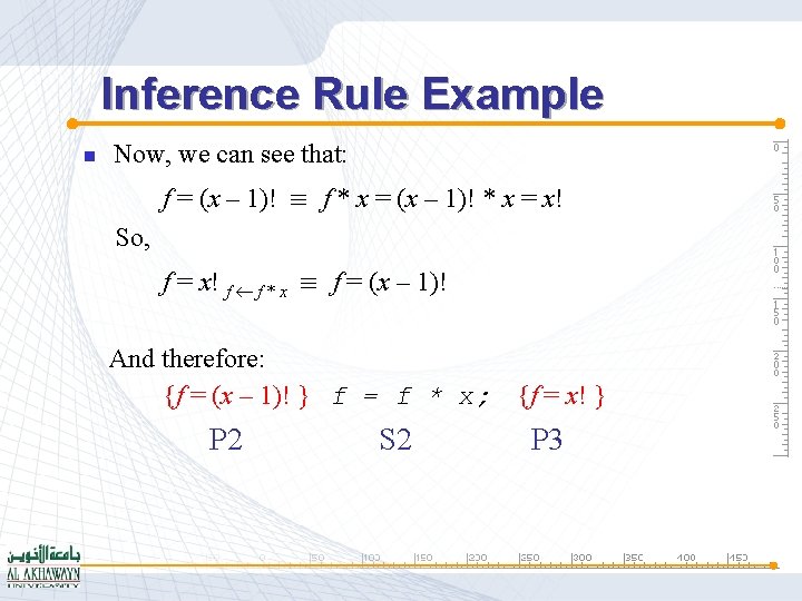 Inference Rule Example n Now, we can see that: f = (x – 1)!