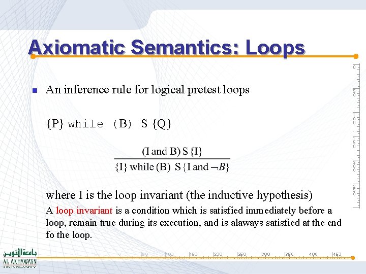 Axiomatic Semantics: Loops n An inference rule for logical pretest loops {P} while (B)