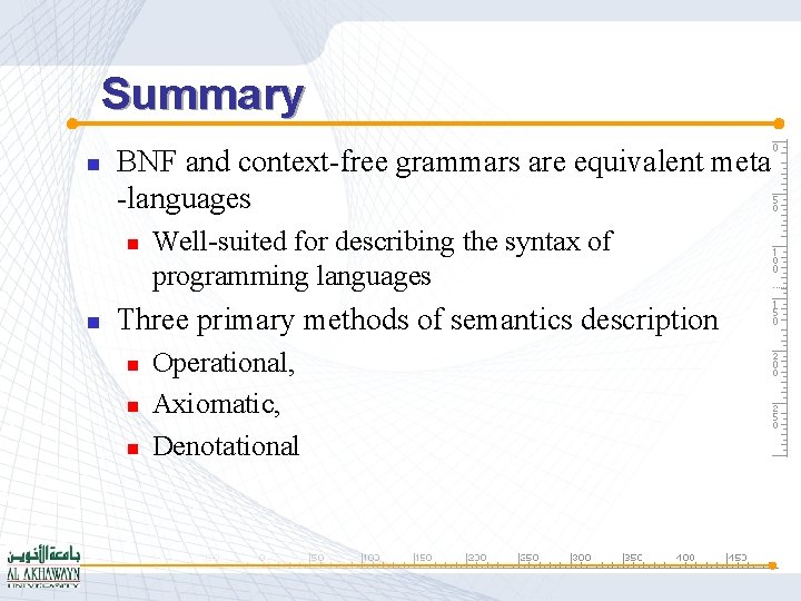 Summary n BNF and context-free grammars are equivalent meta -languages n n Well-suited for