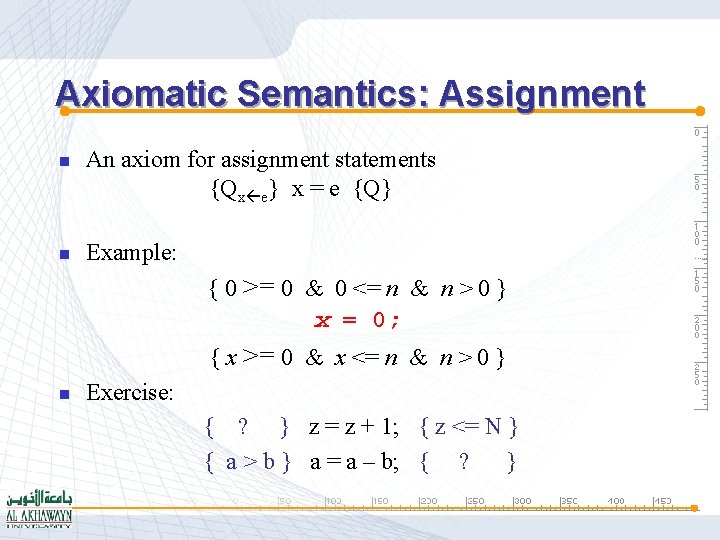 Axiomatic Semantics: Assignment n n An axiom for assignment statements {Qx e} x =