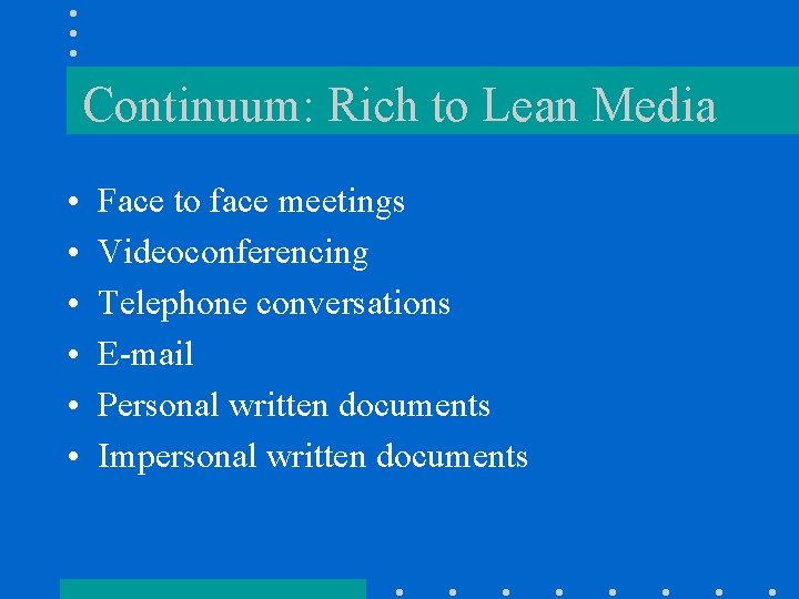 Continuum: Rich to Lean Media • • • Face to face meetings Videoconferencing Telephone