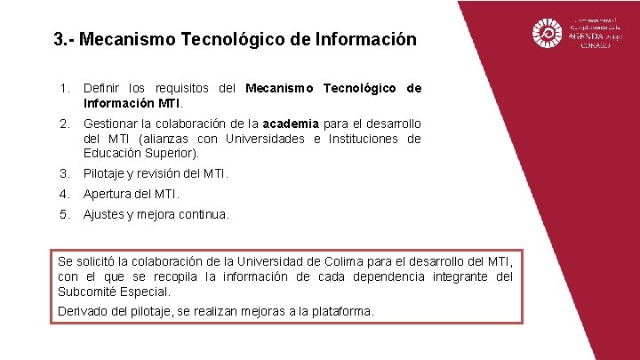 3. - Mecanismo Tecnológico de Información 1. Definir los requisitos del Mecanismo Tecnológico de