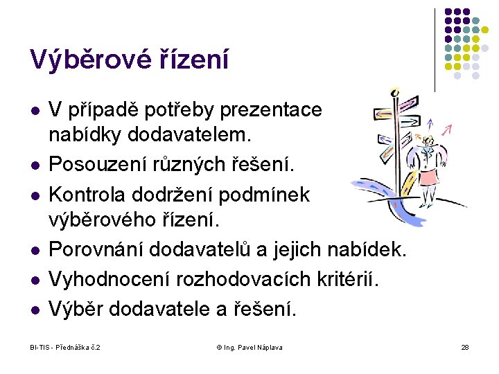 Výběrové řízení l l l V případě potřeby prezentace nabídky dodavatelem. Posouzení různých řešení.