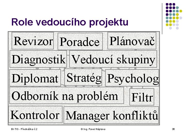 Role vedoucího projektu Revizor Poradce Plánovač Diagnostik Vedoucí skupiny Diplomat Stratég Psycholog Odborník na