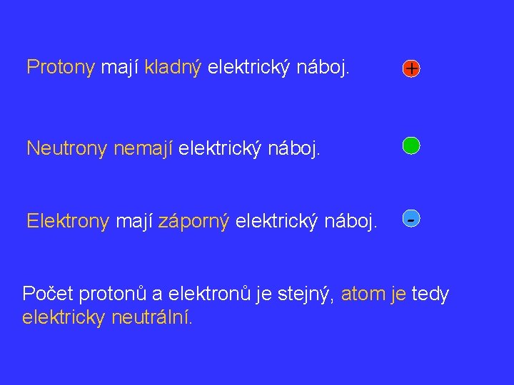 Protony mají kladný elektrický náboj. + Neutrony nemají elektrický náboj. Elektrony mají záporný elektrický