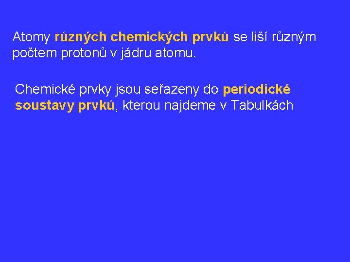 Atomy různých chemických prvků se liší různým počtem protonů v jádru atomu. Chemické prvky