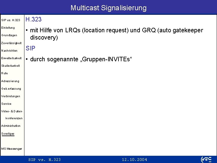 Multicast Signalisierung SIP vs. H. 323 Einleitung Grundlagen H. 323 • mit Hilfe von