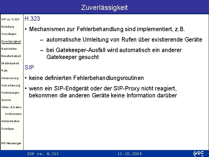 Zuverlässigkeit SIP vs. H. 323 Einleitung H. 323 • Mechanismen zur Fehlerbehandlung sind implementiert,