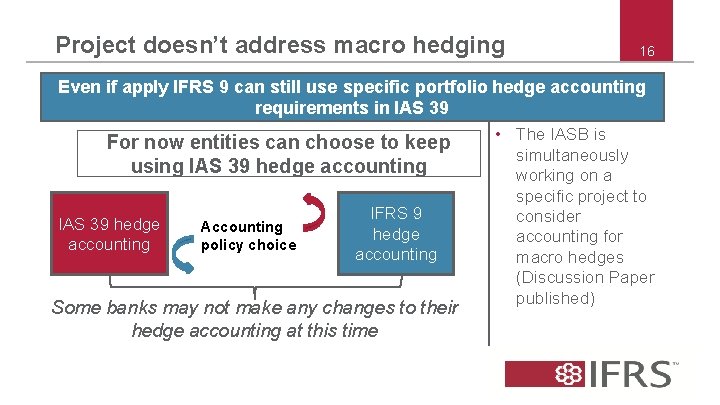 Project doesn’t address macro hedging 16 Even if apply IFRS 9 can still use Project doesn’t address macro hedging 16 Even if apply IFRS 9 can still use