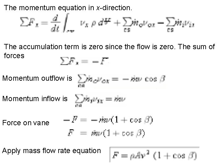 The momentum equation in x-direction. The accumulation term is zero since the flow is