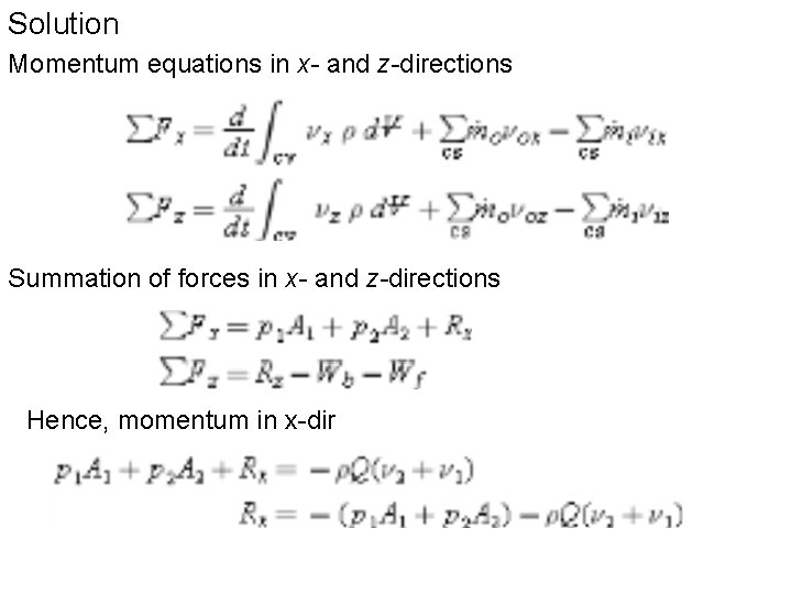Solution Momentum equations in x- and z-directions Summation of forces in x- and z-directions