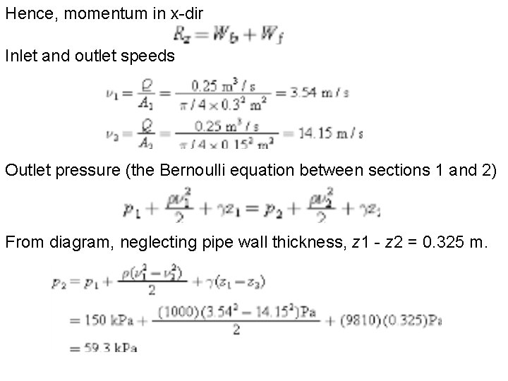 Hence, momentum in x-dir Inlet and outlet speeds Outlet pressure (the Bernoulli equation between