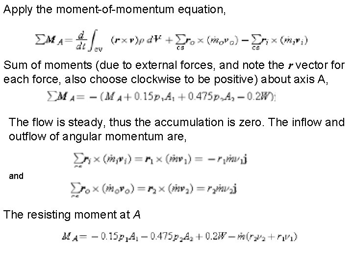 Apply the moment-of-momentum equation, Sum of moments (due to external forces, and note the