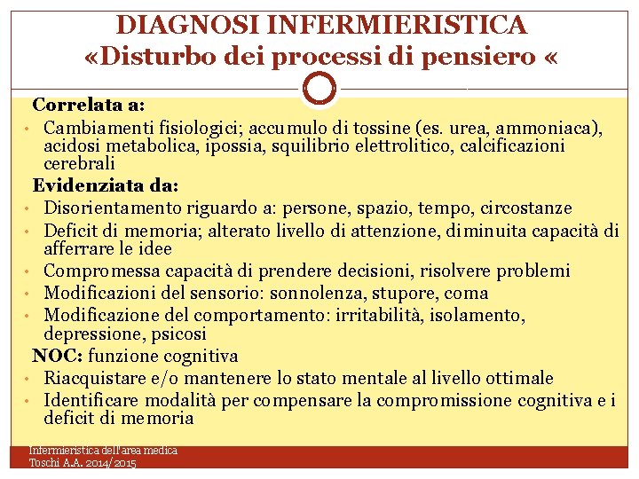 DIAGNOSI INFERMIERISTICA «Disturbo dei processi di pensiero « Correlata a: • Cambiamenti fisiologici; accumulo