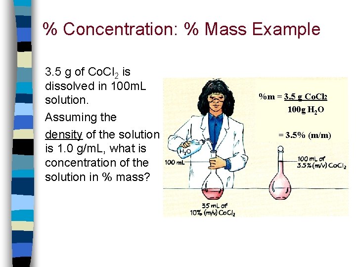 % Concentration: % Mass Example 3. 5 g of Co. Cl 2 is dissolved