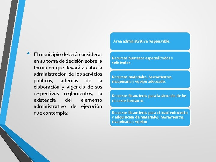  Área administrativa responsable. • El municipio deberá considerar en su toma de decisión