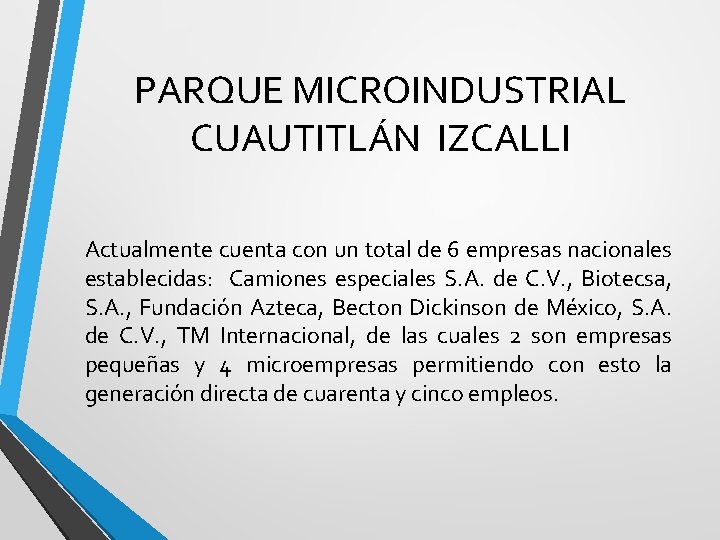 PARQUE MICROINDUSTRIAL CUAUTITLÁN IZCALLI Actualmente cuenta con un total de 6 empresas nacionales establecidas: