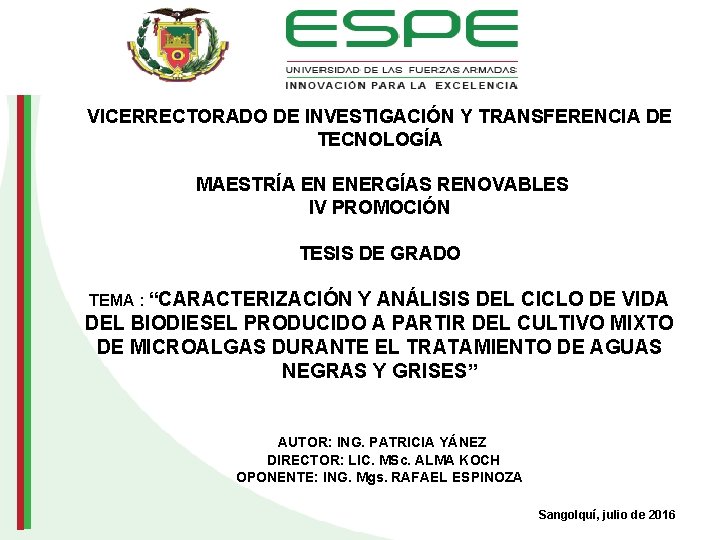 VICERRECTORADO DE INVESTIGACIÓN Y TRANSFERENCIA DE TECNOLOGÍA MAESTRÍA EN ENERGÍAS RENOVABLES IV PROMOCIÓN TESIS