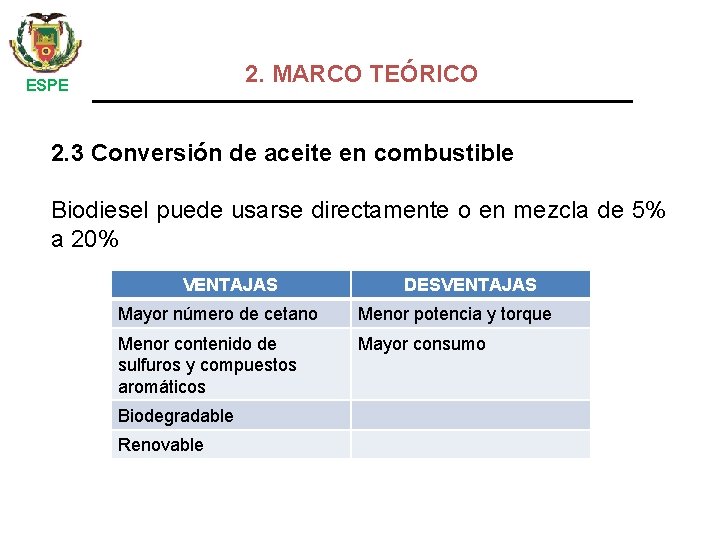2. MARCO TEÓRICO ESPE 2. 3 Conversión de aceite en combustible Biodiesel puede usarse