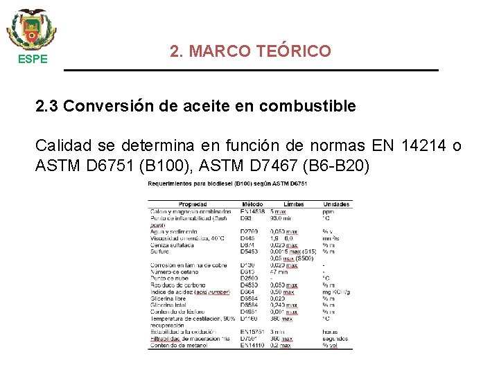  ESPE 2. MARCO TEÓRICO 2. 3 Conversión de aceite en combustible Calidad se