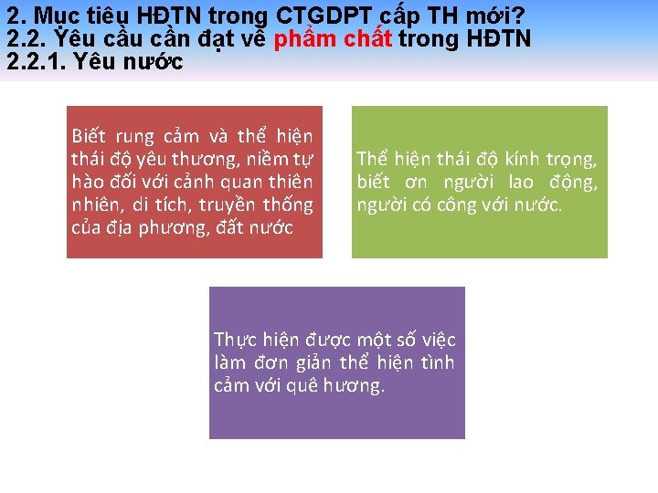 2. Mục tiêu HĐTN trong CTGDPT cấp TH mới? 2. 2. Yêu cần đạt