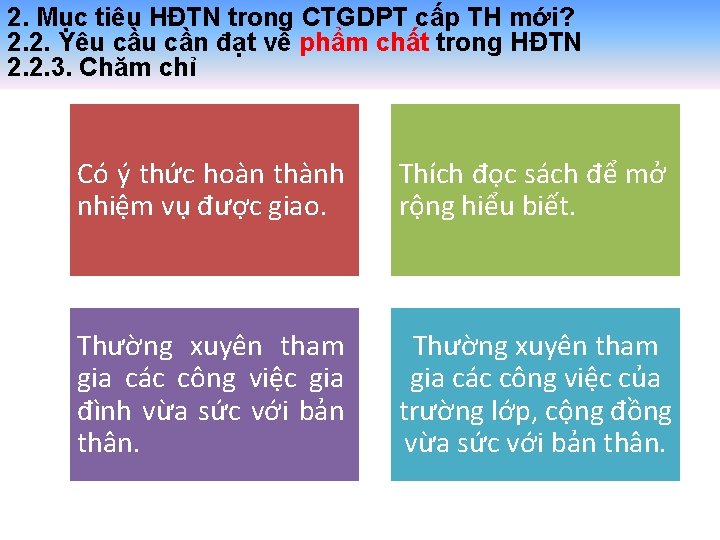 2. Mục tiêu HĐTN trong CTGDPT cấp TH mới? 2. 2. Yêu cần đạt