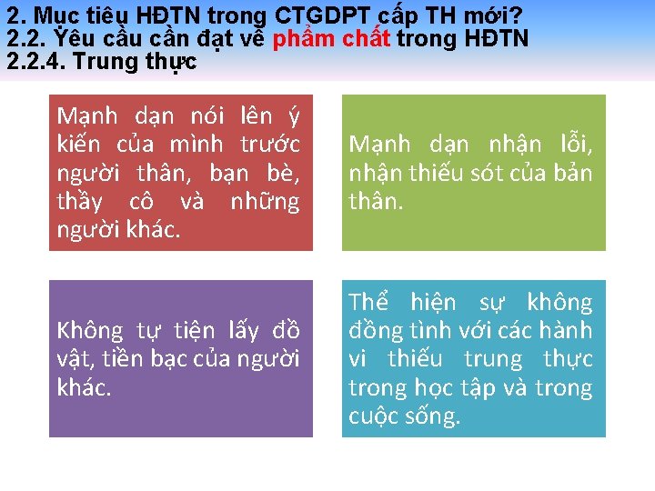 2. Mục tiêu HĐTN trong CTGDPT cấp TH mới? 2. 2. Yêu cần đạt