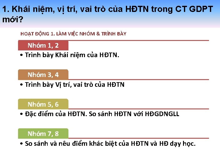 1. Khái niệm, vị trí, vai trò của HĐTN trong CT GDPT mới? HOẠT
