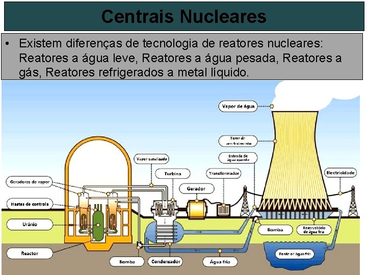 Centrais Nucleares • Existem diferenças de tecnologia de reatores nucleares: Reatores a água leve,